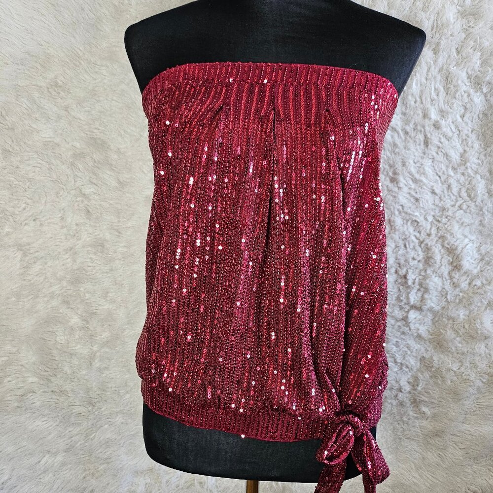GRACE KARIN Red Sequin Tops for Women Sparkly Elastic Ruched Twist Knot Tie S